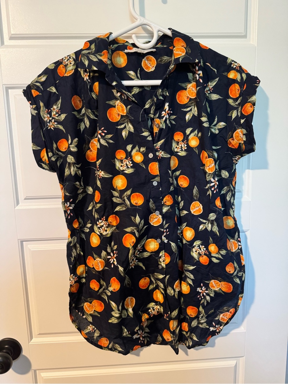 Loft Orange Print 100% Cotton Button-Down Shirt, Navy, Size Small